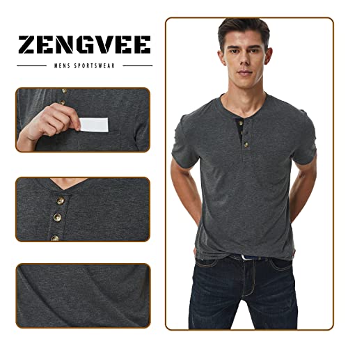 Zengvee 2 Pack Button Down Henley Shirts For Men Short Sleeve, Casual Mens Waffle Vintage T Shirts Pack Loose Fit Collarless Plain Hawaiian Summer Clothes (Kw Us 0906 Khaki+Dark Grey L) #TOP3