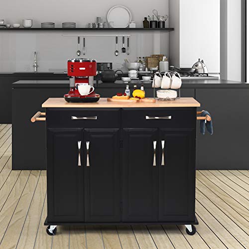 N / A Kitchen Island Cart Rolling Storage Trolley Cart Kitchen Island on Wheels with Storage, Cabinet, Towel Rack Lockable Wheels, Handle Rack Rubber Wood Top Black 48.2L x 18.5W x 35.4H