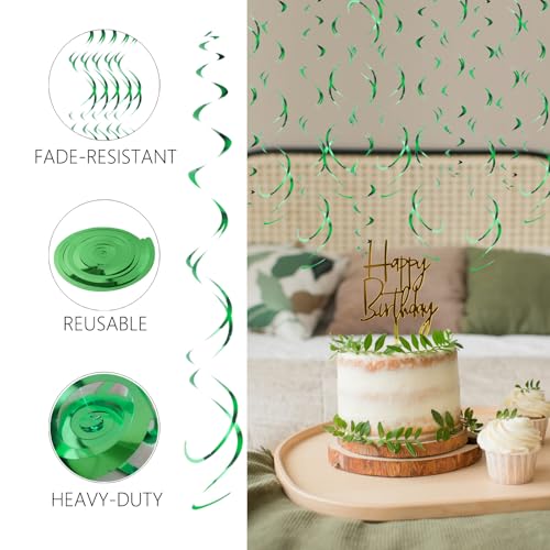 Image of Green Hanging Swirls Party Decorations 30 Pack- Extra Long Double Swirl Ceiling Decorations for Minecraft Birthday, Christmas, Wedding, St.Patrick's Day| Reusable Green Party Streamers with Hooks