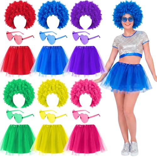 Image of Wesiti 24 Pcs 6 Sets Wigs Tutus Glasses for Women Costume,Neon,Mix
