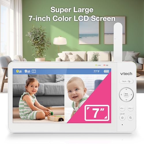 Image of VTech Baby Monitor No WiFi, 2 Cameras, 7 inch Split IPS Screen, 5000mAh 12Hr Battery, 360 Pan Tilt Zoom, Night Vision, Night Light| Advanced Max Twin Green