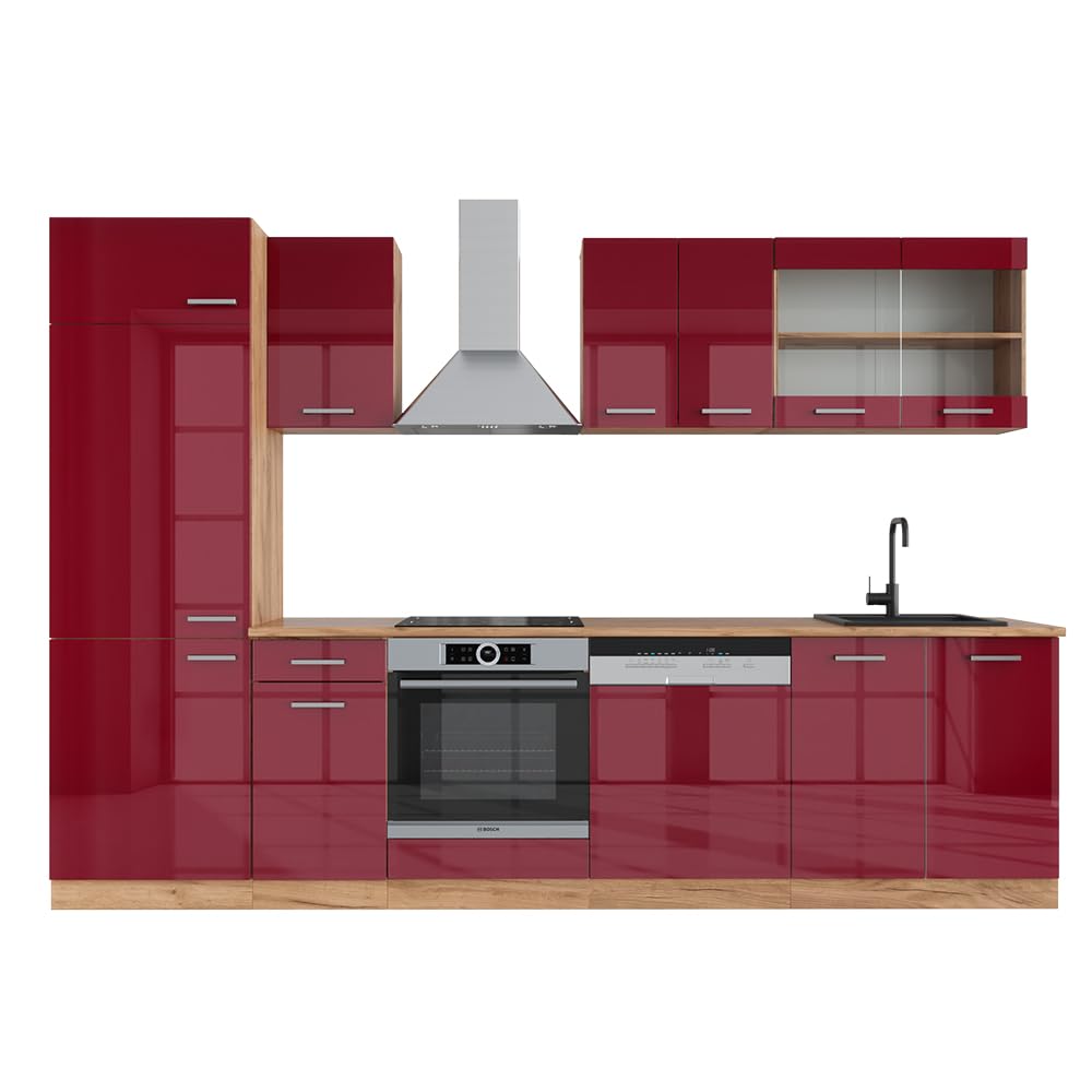 Vicco Küchenzeile R-Line, Rot Hochglanz / Goldkraft Eiche, 300 cm – Ohne Arbeitsplatte