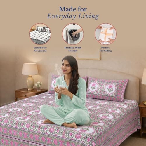 Image of Jaipur Weaves Jaipuri Double Bed Cotton Bedsheet Queen Size 90x85, 120 TC 100% Pure Cotton Bed Sheet with 2 Pillow Covers, Floral Traditional Print (Mughal Garden Pink, Double)