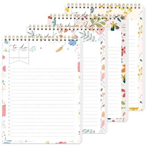 KAICN To Do List Notepads Set of 4, Hand Illustrated Daily Planner， To Do List Notepad Stationery， Floral To Do List Pad with Premium Thick Paper & Waterproof Flexible PVC Hard Cover, A5 Size ( 5.5´´ x 8.5´´) Lined Notepads, 52 Sheets