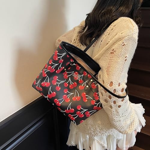 Image of hibear Cherry Print Tote Bag for Women Bow Shoulder Handbag Trendy Faux Leather Top-Handle Bag with Cherry Accessories