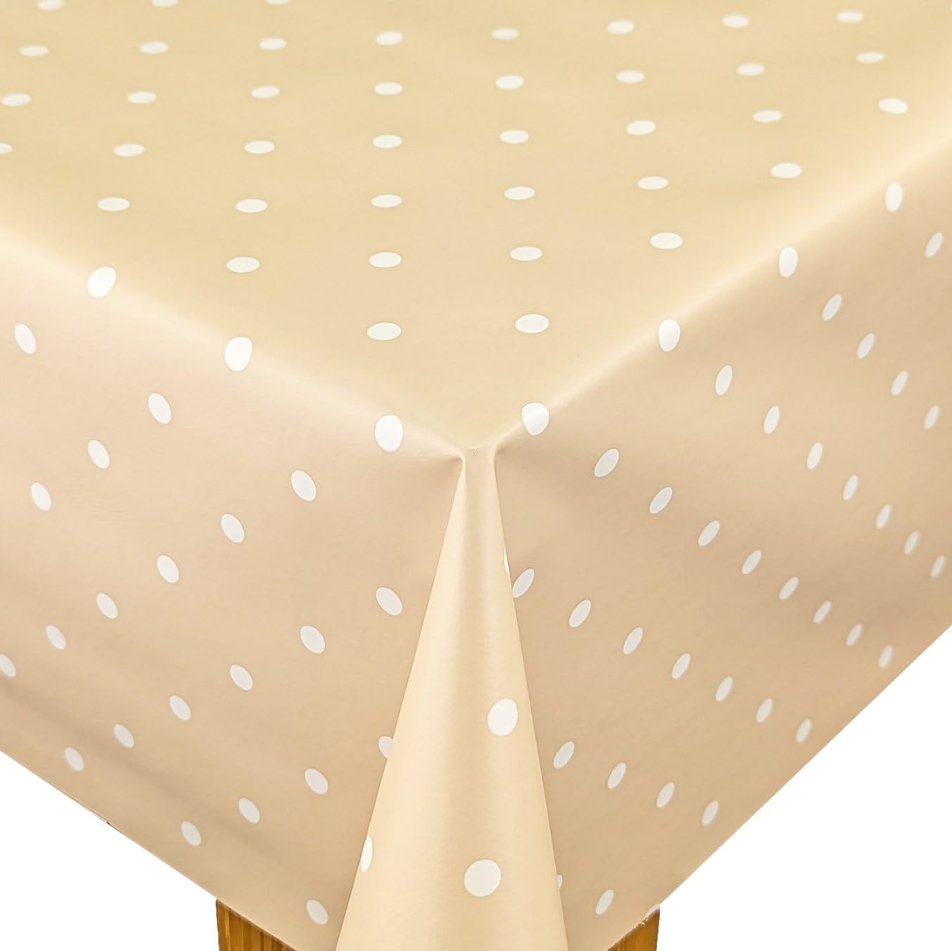 Karina Home Extra Wide Polka Dot Spot Wipe Clean Tablecloth Wider Width Vinyl PVC Table Cover Wipeable Table Cloth (Beige, 180 x 180cm)
