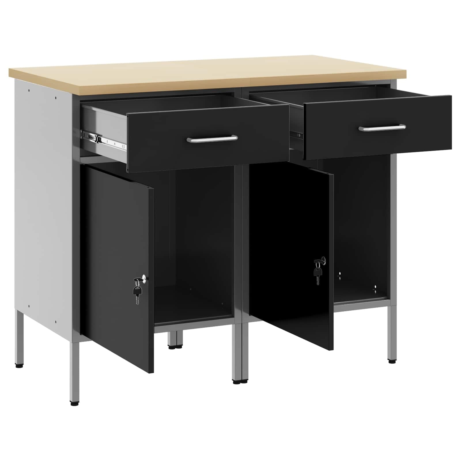 Banco de trabajo con cajones, 2 unidades, color negro y gris, 100 x 55 x 85 cm, armario de taller de madera y acero, almacenamiento de herramientas con sistema de organización, organizador
