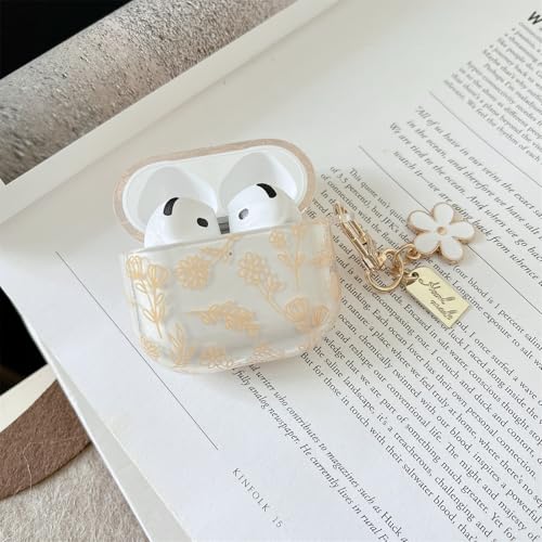 Image of MINSCOSE Compatible with AirPods 4 Clear Case,Cute Flower Floral Aesthetic Design with Flowers Keychain, Soft TPU Protective Shockproof Case for Women Girl for Airpods 4-Yellow