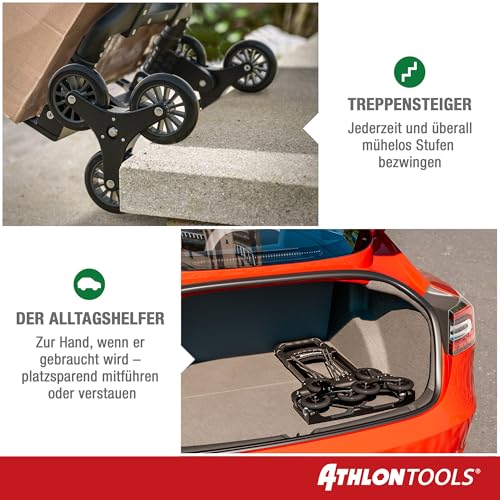 ATHLON TOOLS Treppensteiger Sackkarre klappbar TÜV geprüft – Profi Treppensackkarre aus Aluminium leicht - Extra Langer Griff 110cm & Ladefläche mit Anti Rutsch Pads - Transporthilfe für Treppen