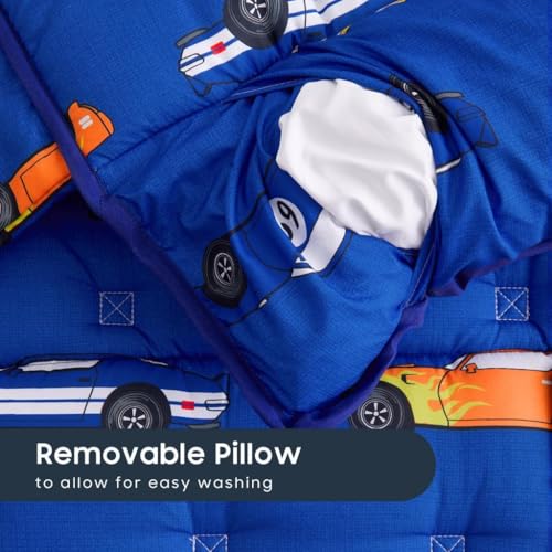 Image of Wake In Cloud - Toddler Nap Mat with Pillow and Blanket, for Kids Boys Ages 3 Plus in Kindergarten Daycare Preschool, Roll Up Sleeping Bag, Race Cars Vehicles