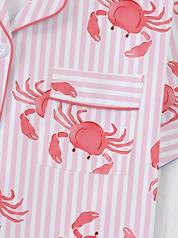 Women's 2 Piece Summer Ocean Print Pajama Sets Striped Crab Animal Sleepwear Short Sleeve Nightwear Cute Lounge Sets