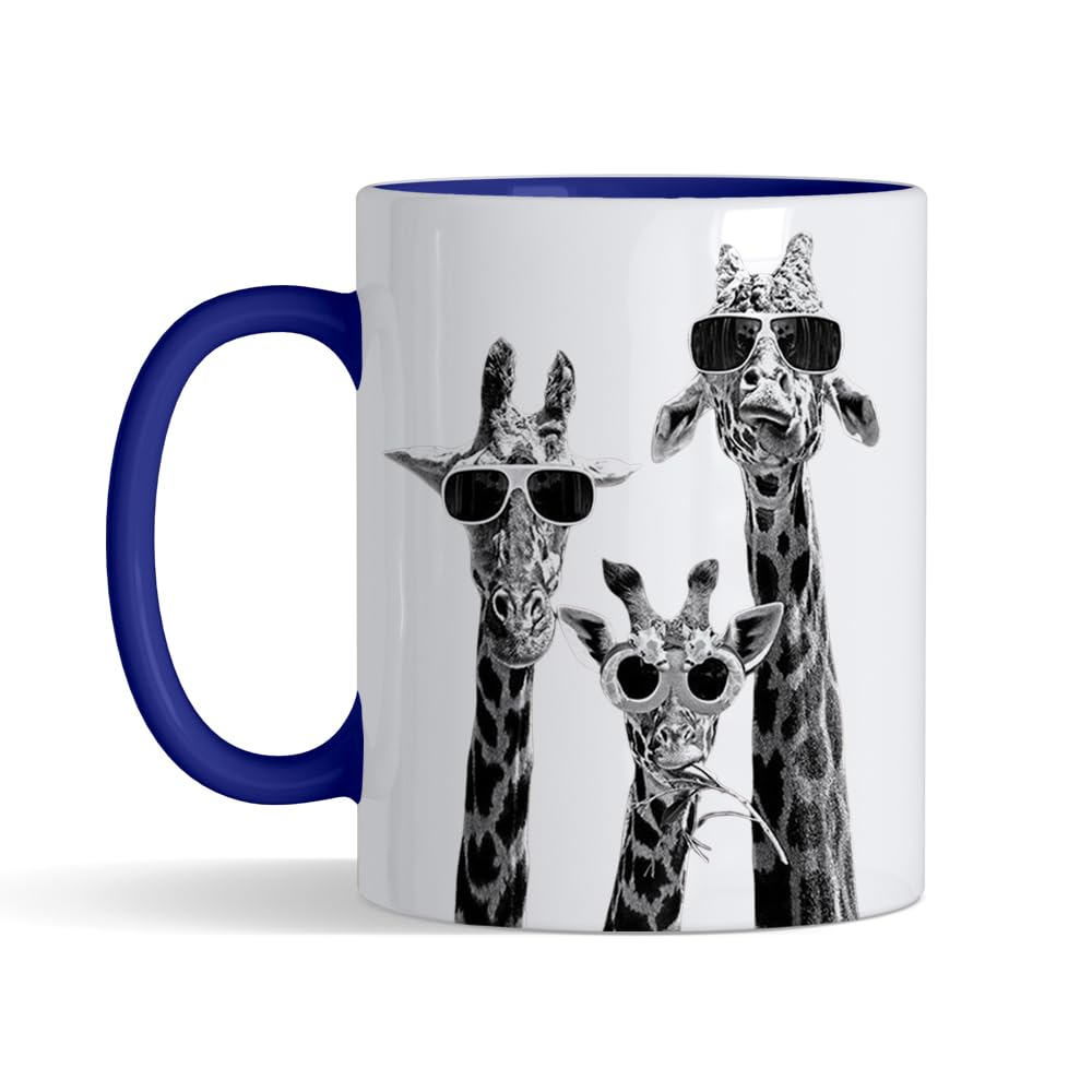 Crunchy Carrots Giraffe Mug - Funny Black & White Giraffes with Sunglasses 11 oz Ceramic Coffee Mug. (Navy Blue Inside and Handle)