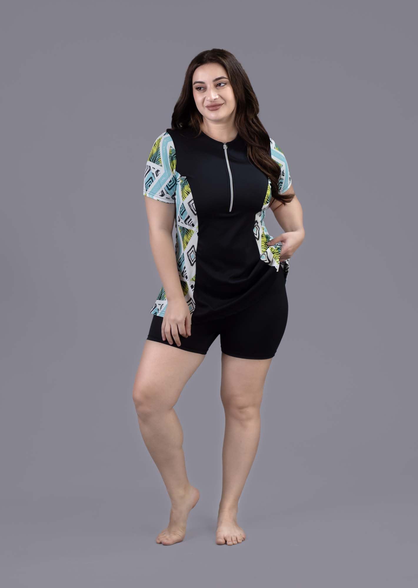 Keepfit Printed Medium Coverage geomatrical Printed 2 Piece Padded Plus Size Swimset for Women Turquoise Black |Swimming Suit for Women