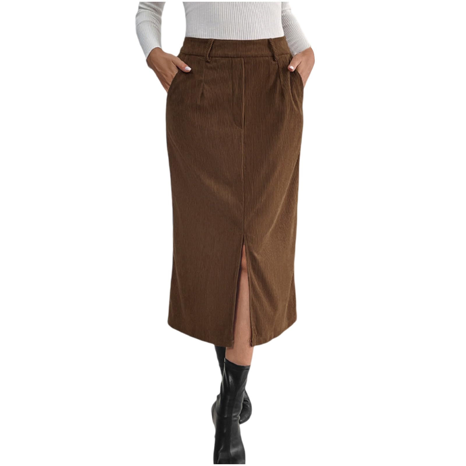 Corduroy Skirt for Women Midi High Waist Front Slit Pencil Skirts Fall Winter Casual Work Office Skirt with