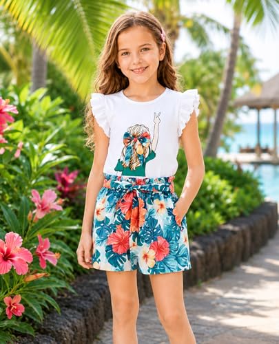 Image of Girls Summer Outfits Cute Sleeveless Top High Waisted Short Sets with Pockets Teen Girl Clothes Size 6-14 T