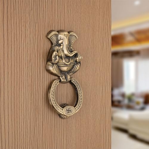 Image of COMPASS Ganesh Design Brass Home Decor | Door Decor | Door Knocker with Antique Finish | 7.5 inch | Pack of 1