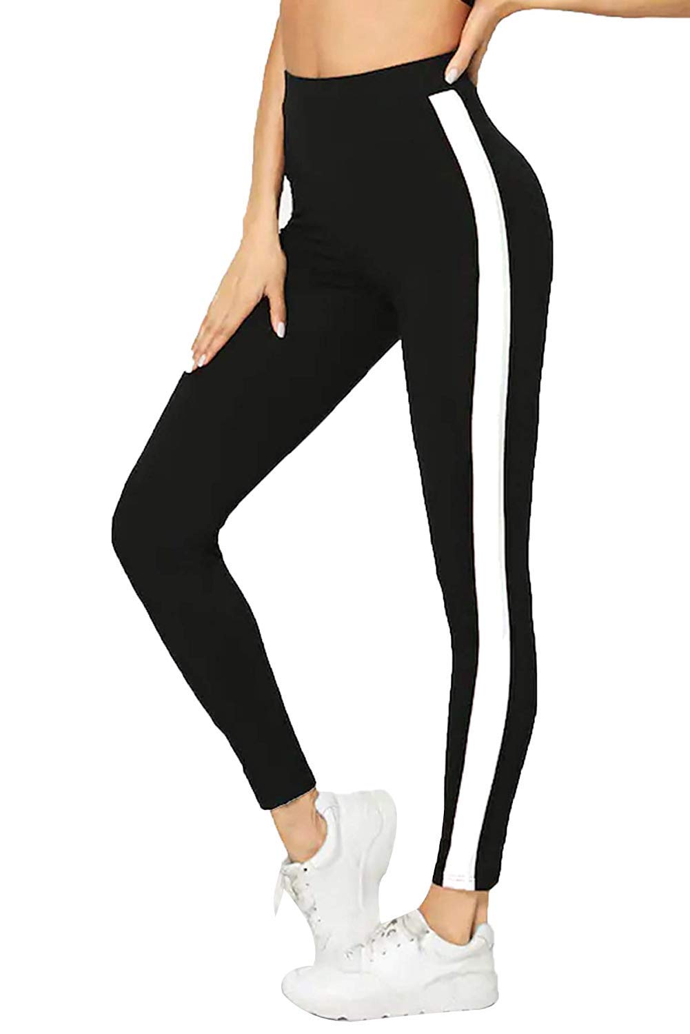 INFISPACE® Women & Girls Sporty White Line Slim Fit Stretchable Black Jeggings for Yoga, Gym and Sports (Waist: 26" to 32")
