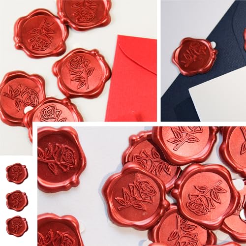 50pcs Red Rose Wax Seal Stickers, Rose Wax Seal, Red Rose Stickers for Envelopes, Waterproof, for Wedding Invitation, Christmas