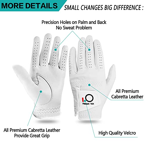 Finger Ten Golf Gloves Men Left Right Hand Handed Golfer Cabretta Leather Value 2 Pack (White, Medium, Left) #TOP27