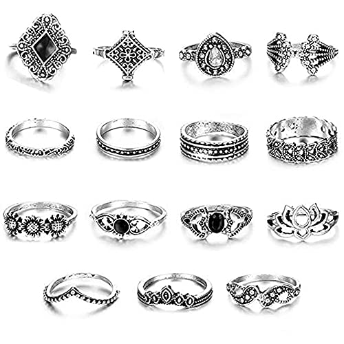 15pcs Vintage Women Mid Ring Set Flower Crown Rhinestone Joint Knuckle Nail Ring Set