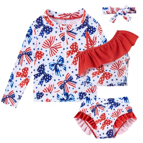Image of Funnycokid Baby Toddler Girls Swimsuit 4 Piece Bathing Suit Long Sleeve Rash Guard Sets 12 Months-7 Years