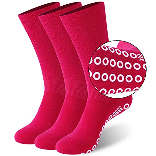 Diabetic Yoga Socks, JSPA Adult Hospital and Home Care Socks, Skid Resistant, Slipper Socks, Unisex Gripper Socks Non-Binding Loose Fit Socks Non-Slip Diabetic Socks for Men and Women 3 Pairs Rose Red