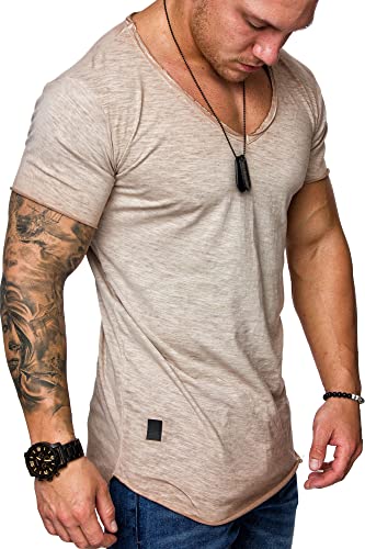 REPUBLIX Oversize Herren Vintage T-Shirt Verwaschen V-Neck Basic V-Ausschnitt Shirt R0634 Beige XL