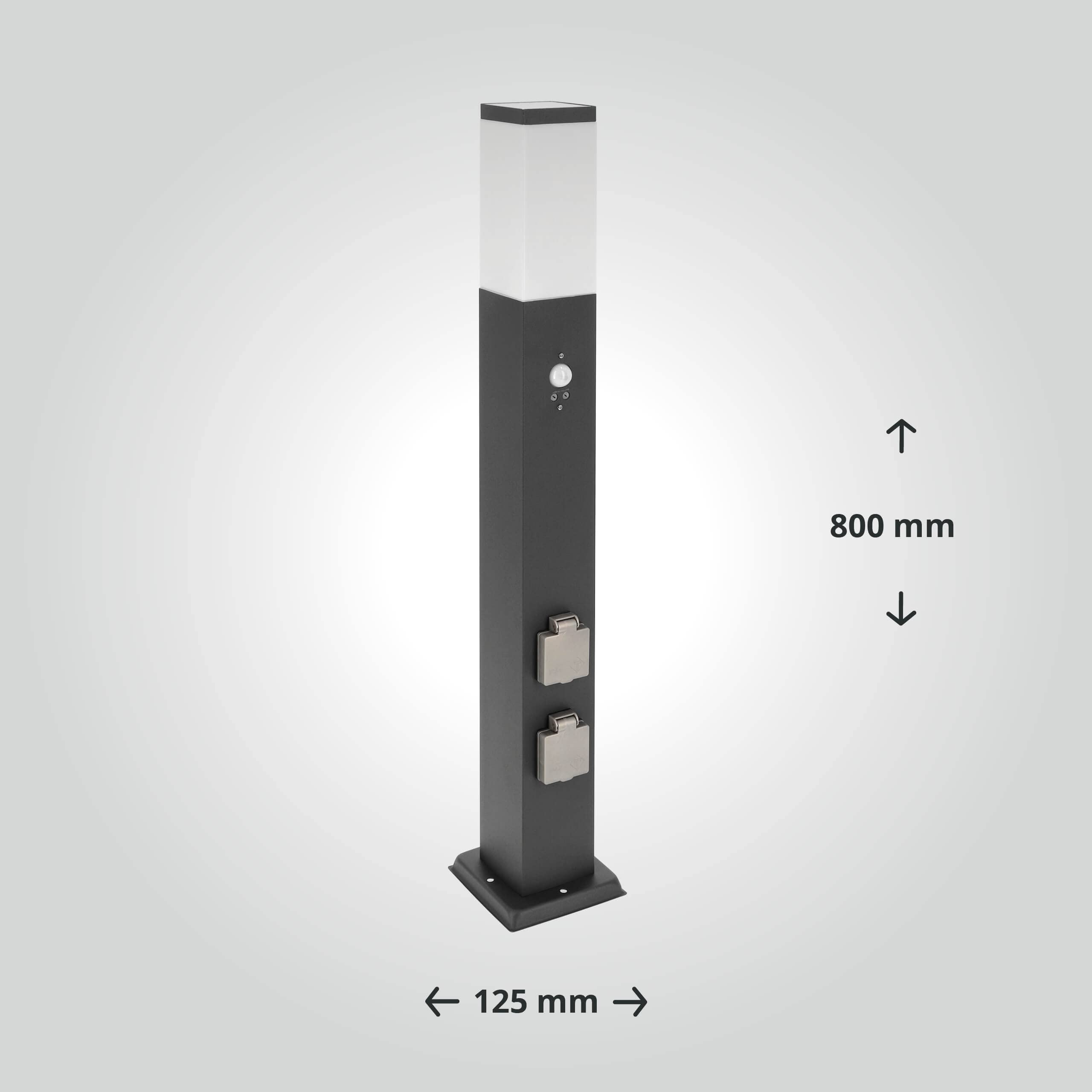 LED Universum Wegeleuchte mit 80cm Edelstahl Außenleuchte Stehleuchte Energiesäule Stromsäule Stromverteiler für den Garten Gartensteckdose (Anthrazit mit Bewegungsmelder und 2 Steckdosen)