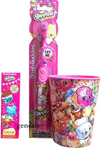 Shopkins Brush Buddies Childrens Powered Toothbrush Rinse Cup & Shopkins Toothpaste