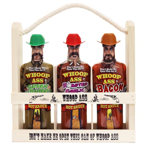 WHOOP ASS Premium Bacon, Green Habanero, and Roasted Garlic Hot Sauce Gift Set Wooden Crate - Try if you dare! – Perfect Gourmet Fathers Day Gift for the Hot Sauce Fan