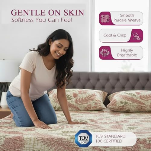 Image of Trance Home Linen 100% Cotton 144Tc Elastic Fitted Bedsheet | Printed Double Size Bed Elasticated Fitted Bedspread with 2 Pillow Covers (75X60 Inch, Foliage Peach), Queen
