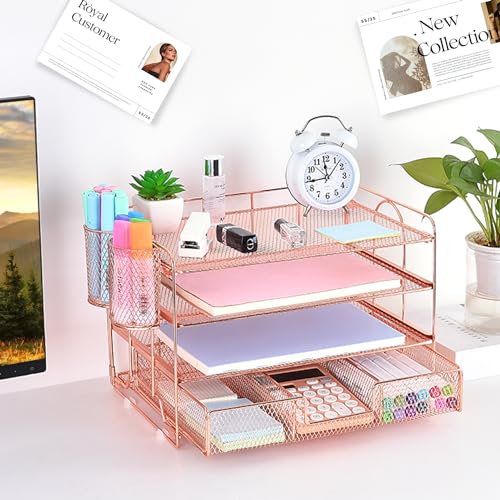 Spacrea Desk Organizers and Accessories - 4 Tier Letter Tray Paper Organizer with Drawer and 2 Pen Holder, Desktop File Organizer for Office Supplies(Rose Gold) - Thumbnail 2