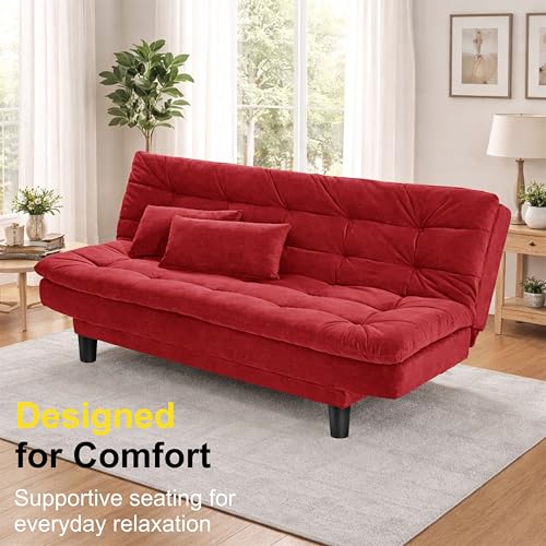 Image of Modern 3 Seater Sofa Cum Bed with Cushions, Foldable Convertible Couch, Velvet Fabric Sleeper Sofa for Living Room, Guest Room, Red