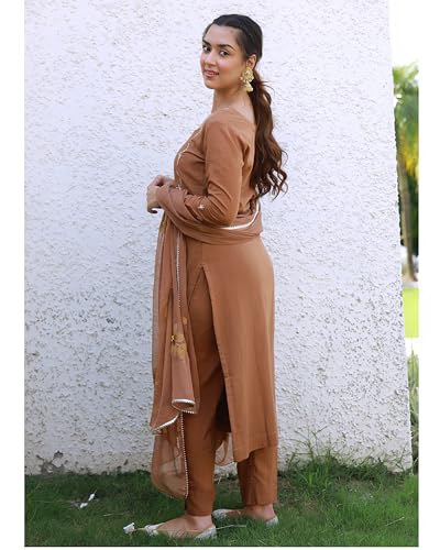 Image of GoSriKi Women's Cotton Embroidered Straight Kurta Set - Coffee Brown | Stylish Ethnic Wear for Women | Office & Festive Use