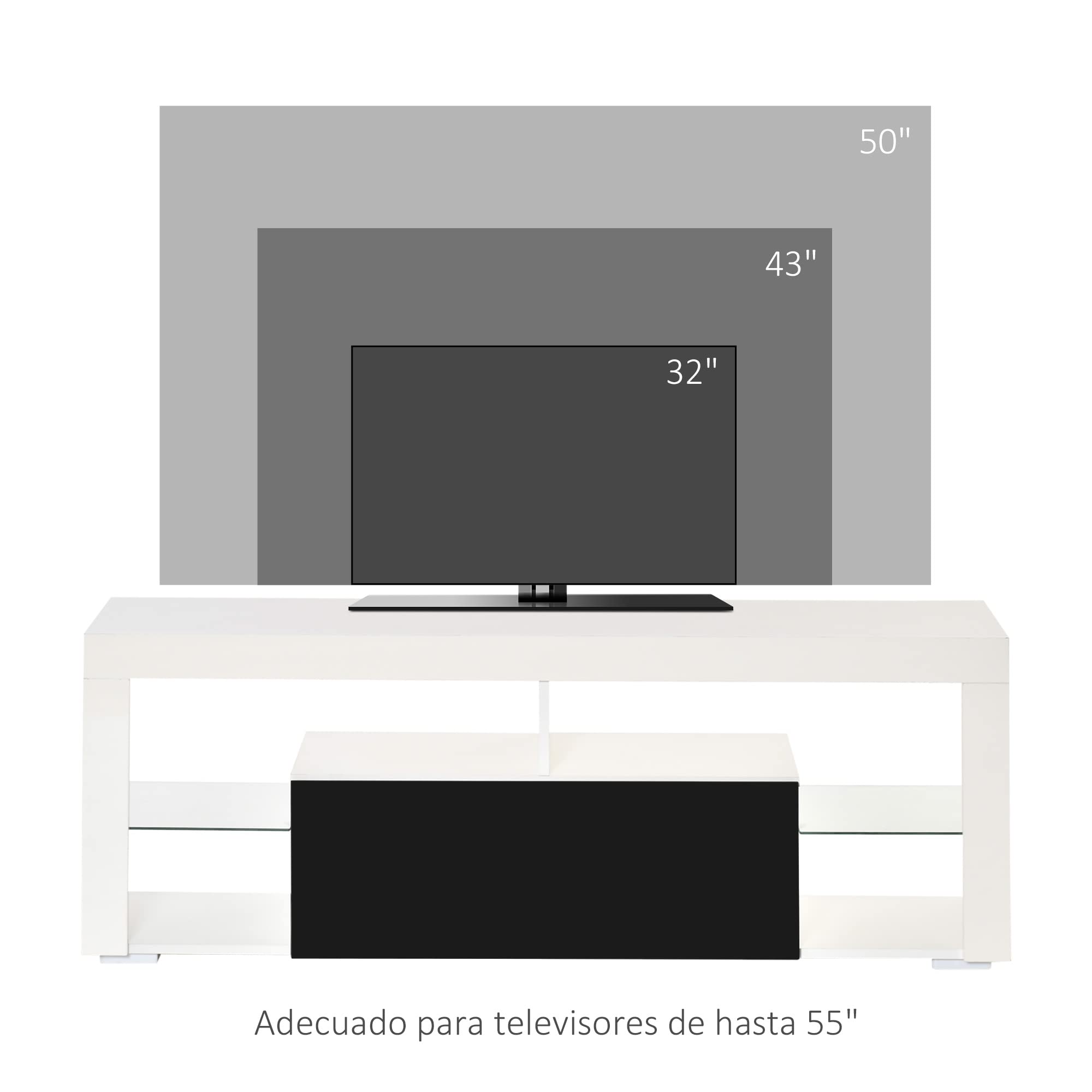 HOMCOM Mueble de TV para Televisiones de 55”Pulgadas 140x35x52 cm Blanco | Mesa para TV de Salón, Luz LED, 6 Modos de Colores, Mando a Distancia, Cajón, Estantes de Cristal Ajustables, Alto Brillo