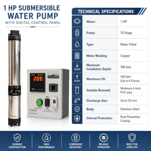 Image of 1HP 10 Stage Submersible Pump with Digital Control Panel, Blue | Borewell Water Pump, Copper Winding, Stainless Steel Body, 32mm Discharge for Home Use