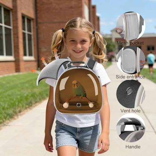 Image of Bird Travel Backpack Carrier with Metal Tray and Standing Perch, Polarized Tint Brown Space Capsule Astronaut Bubble Hard Window