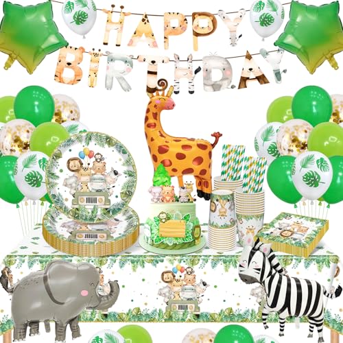 YIMAKJ Conjunto de louça de festa de safari, decoração de aniversário da selva, 94 peças de louça de festa de aniversário infantil com prato de papel, caneca, guardanapos, balões, faixa para