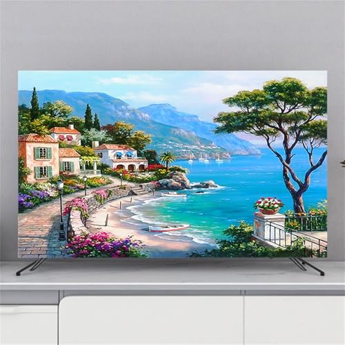 Copertura Antipolvere per TV Motivo Paesaggio 3D Copri Televisore 32-80inch Cover TV Elastica TV Protezione TV Universale 45-48inch Vista mare A