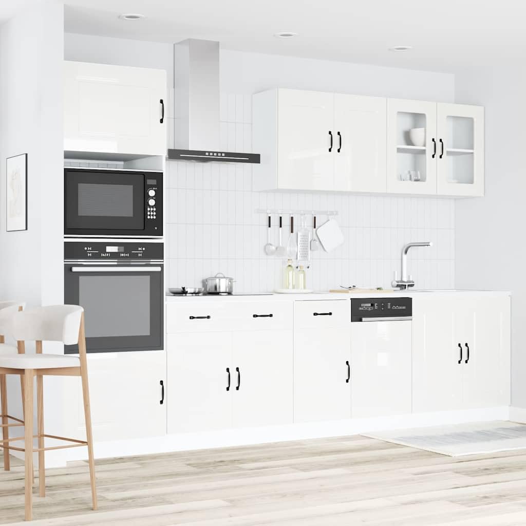 Kalmar - Set di 7 mobili da cucina in legno bianco lucido, con ampio spazio per riporre oggetti, piedi regolabili, autoportante, con mobiletto basso