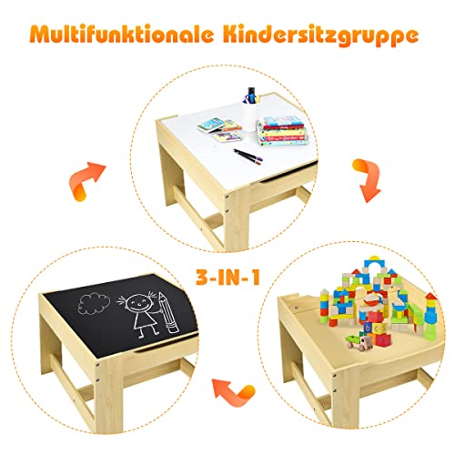 COSTWAY COSTWAY 3 TLG. Kindersitzgruppe, Kindertisch mit 2 Stühlen aus Holz, 3 in 1 Maltisch & Aktivitätstisch & Tafeltisch, Kindermöbel Kindersitzgarnitur für Kleinkinder von 3-7 Jahren (Natur) - Produktansicht 3 | Kinderzimmermöbel