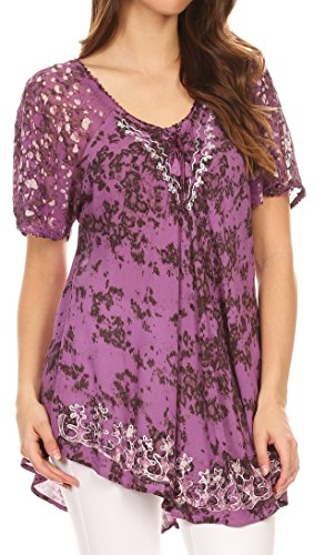 Image of Sakkas Ash Speckled Tiedye Embroidered Cap Sleeve Blouse Top with Embroidery Hems