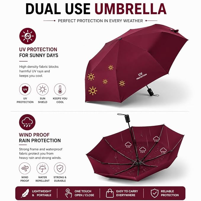 Image of Auto Open Umbrella with Carabiner Hook Handle - 3 Fold Compact Travel Umbrella for Men & Women | Double Fibreglass Wind Resistant Frame | UV Coated Sun & Rain Protection