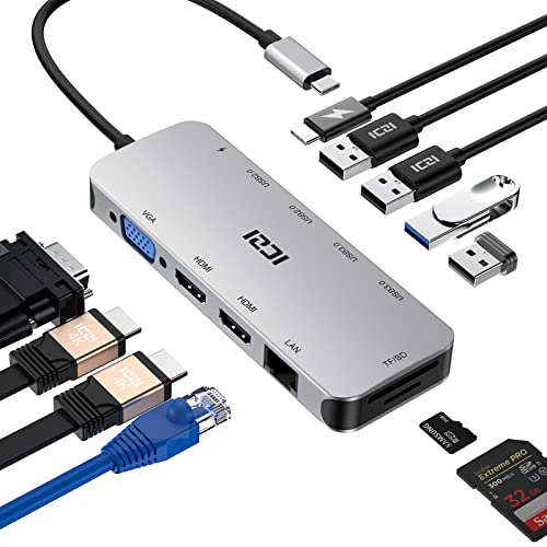 ICZI 11 en 1 Station d'accueil Trois Moniteurs,Dock USB C vers Double HDMI,100W PD,USB-A 3.0,Hub USB C Stations d'accueil pour Ordinateur Portable,Afficheur pour Dell,...