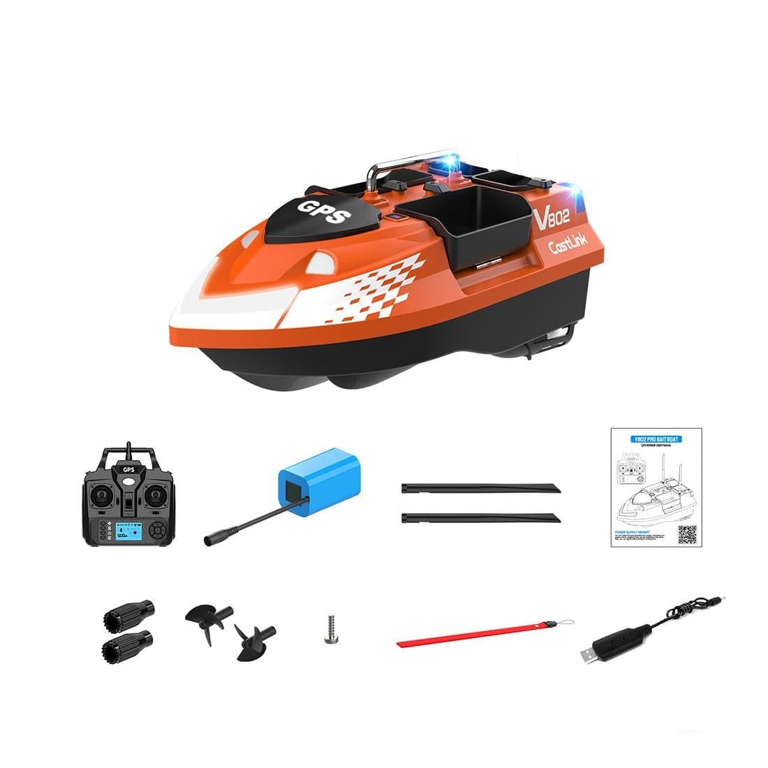 TBRICKFUNR Fishing Bait Boat, V802PRO High Efficiency RC Boats Speedboat with 4 Bait Hoppers, 3KG Large Capacity, GPS Positioning, 160 Baiting Points, 500M Remote, Dual Battery, LED Fishing Lights