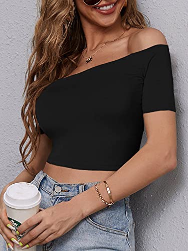 Huhot Kim Possible Costume Womens Sexy Basic Short Sleeve Off The Shoulder Modal Tops For Women Sandy Greese Costume Black Crop Top … #TOP5