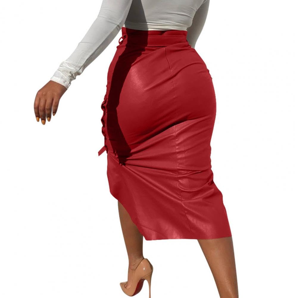 Falda de Cuero para Mujer, Falda Midi Dividida con Botones y Vendaje de Piel sintética for Mujer, Multicolor, Tallas S-XL
