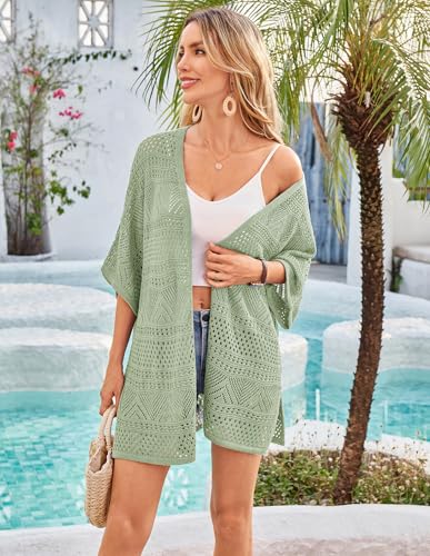 Image of GRACE KARIN Women Lightweight Summer Cardigan Crochet Knit Kimono Sweaters | Lightweight Crochet Knit Fabric, Short-sleeve Open-front Oversized Kimono, Ideal Casual Outerwear for Summer Daily Wear