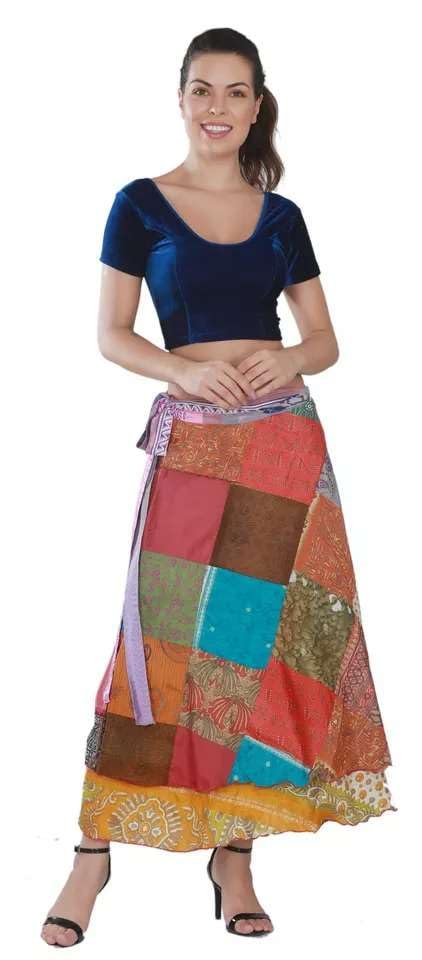 YILLE Boho Sari Silk Vintage Patchwork Wraparound Long Skirt for Women Ethnic Tie Waist Gypsy Skirt Multicolor Asymmetrical Free Size, Ethnic Fashion for Any Occasion and Casual Outings (Pack of 2)2