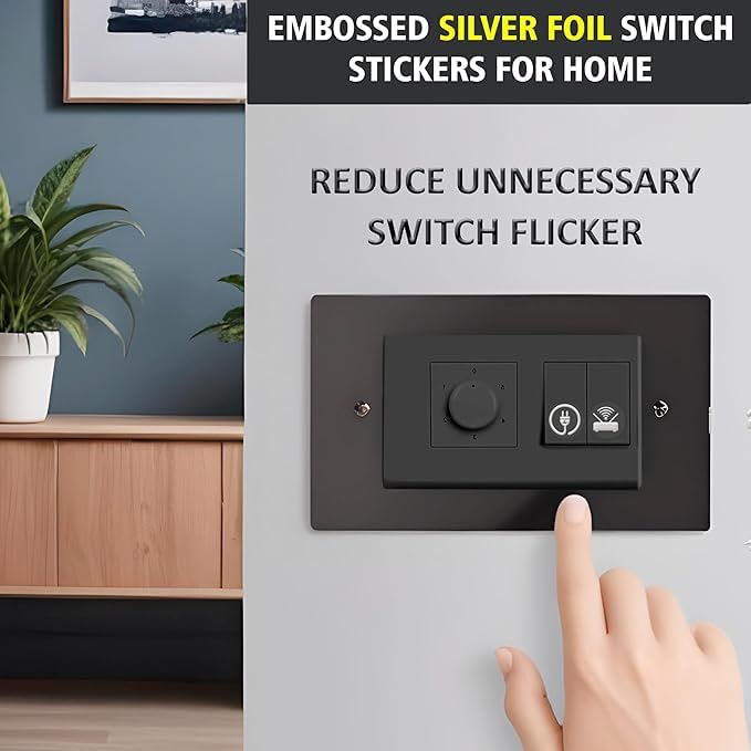 Image of Golden Switch Board Stickers for Home and Office - 330 Self Adhesive Electric White Switch Board Covers, Vinyl Transparent Stickers for Lightbulb, Fan, AC, Stickers (Silver)
